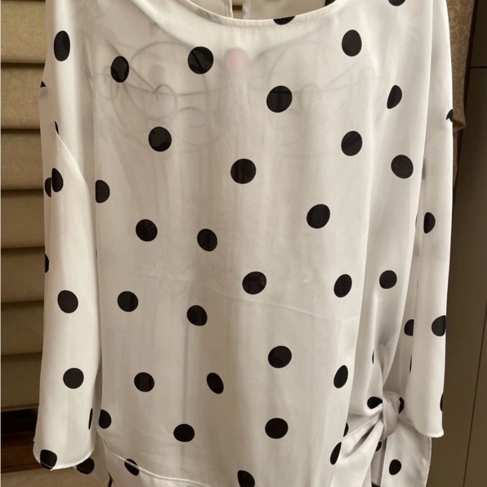 Worthington Cream Blouse W/Black Polka Dots, Flared 3/4 Sleeves, Size Large